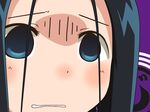  anrakutei_kukuru black_hair blue_eyes clenched_teeth close-up face gunuaki gununu hair_strand joshiraku parody parted_lips shaded_face solo teeth 