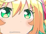  blonde_hair clenched_teeth close-up green_eyes gunuaki gununu hacka_doll hacka_doll_1 parody solo teeth 