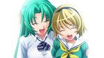  bangs blonde_hair bow child closed_eyes collarbone game_cg green_hair hair_ribbon hairband hand_on_another's_shoulder higurashi_no_naku_koro_ni houjou_satoko long_hair multiple_girls official_art open_mouth puffy_short_sleeves puffy_sleeves rato ribbon sailor_collar school_uniform short_hair short_sleeves simple_background smile sonozaki_shion 