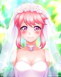  bare_shoulders blush breasts bridal_veil bride burbur choker cleavage dress elbow_gloves flower gloves jakuzure_nonon kill_la_kill looking_at_viewer medium_breasts patreon_username pink_eyes pink_hair rose short_hair_with_long_locks smile solo sparkle strapless strapless_dress veil wedding_dress white_dress white_flower white_rose 