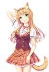  :3 animal_ears arm_behind_head bell blonde_hair bow bowtie cat_ears cat_tail coast_rover cowboy_shot curly_hair eyebrows_visible_through_hair green_eyes hairband head_tilt highres jingle_bell long_hair looking_at_viewer maple_(sayori) nekopara parted_lips plaid plaid_skirt short_sleeves sidelocks simple_background skirt smile solo tail white_background 