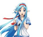  asuna_(sao) asuna_(sao-alo) blue_eyes blue_hair character_name covering_mouth floating_hair gym_uniform hand_over_own_mouth headband long_hair official_art open_mouth pointy_ears solo standing sword_art_online sword_art_online:_code_register transparent_background upper_body very_long_hair 