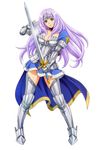  1girl annelotte armor armored_dress blue_eyes boots breasts cape choker cleavage contrapposto eiwa forehead_protector full_body gauntlets greaves large_breasts legs long_hair lost_worlds purple_hair queen&#039;s_blade queen&#039;s_blade_rebellion skirt solo weapon 