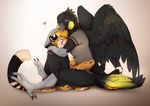  anthro avian bird black_feathers blonde_hair cheetah clothed clothing duo eyes_closed feathered_wings feathers feline fur hair hug lycangel mammal simple_background sitting smile spots spotted_fur wings 