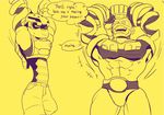  arms_(game) cowboy_shot english flexing helmet kid_cobra male_focus max_brass multiple_boys muscle no_pupils pectorals pose shanty_(mattariino) simple_background yellow_background 