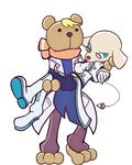  3_toes ai_(tetris) anthro barefoot beady_eyes blonde_hair boots bridal_carry canine carrying clothing footwear gloves hair hybrid lab_coat male male/male mammal pendulum puyo_puyo puyo_puyo_tetris risukuma scarf spectacles teal_eyes tetris toes white_gloves 