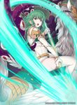  40hara armor bangs breastplate commentary_request company_connection copyright_name dress elbow_gloves eyebrows_visible_through_hair fire_emblem fire_emblem_cipher fire_emblem_echoes:_mou_hitori_no_eiyuuou gloves green_eyes green_hair headband highres holding holding_weapon horn horseback_riding long_hair looking_at_viewer looking_back monster official_art open_mouth paola pauldrons pegasus pegasus_knight polearm riding short_dress shoulder_armor spear tentacles weapon white_gloves white_legwear 