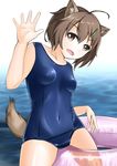  1girl animal_ears blush brave_witches breasts brown_eyes brown_hair karibuchi_hikari open_mouth sea small_breasts smile solo swimsuit swimwear world_witches_series 