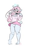  2019 5_fingers alien anthro barefoot blu_(mama_blu) blue_fur blush bottomless breasts cleavage clothed clothing embarrassed emoji_(race) female fur hair long_hair open_mouth pink_hair pose pussy raised_skirt samurai_jack simple_background skirt solo standing sweater vallycuts white_background window_sweater 