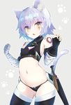  animal_ears ass_visible_through_thighs bandaged_arm bandaged_hands bandages black_gloves black_legwear black_panties breasts cat_ears cat_tail cleavage cowboy_shot eyebrows_visible_through_hair fate/apocrypha fate_(series) fingerless_gloves gloves green_eyes jack_the_ripper_(fate/apocrypha) kemonomimi_mode midriff navel panties paw_pose paw_print scar short_hair silver_hair simple_background single_glove slit_pupils small_breasts solo sugar_(sugar17) tail tattoo thighhighs turtleneck underwear 
