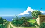  bird cloud day grass highres house landscape mountain no_humans original outdoors plant poppo_sutchy scenery sky torii 