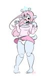  2019 5_fingers alien anthro barefoot blu_(mama_blu) blue_fur blush breasts cleavage clothed clothing embarrassed emoji_(race) female fur hair long_hair open_mouth panties pink_hair pose raised_skirt samurai_jack simple_background skirt solo standing sweater underwear vallycuts white_background white_panties window_sweater 