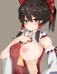  &gt;:) arm_at_side ascot bad_id bad_pixiv_id bare_shoulders between_breasts blush bow breasts bright_pupils brown_background brown_hair clothes_tug covered_nipples detached_sleeves hair_bow hair_tubes hakurei_reimu hand_up highres japanese_clothes kii_(rodare) large_breasts long_hair looking_at_viewer miko nipples no_bra one_breast_out ponytail red_eyes ribbon-trimmed_sleeves ribbon_trim self_exposure side_cutout simple_background sketch smile solo stomach sweat touhou upper_body v-shaped_eyebrows wide_sleeves 