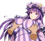  bangs belly blue_bow blunt_bangs bow breast_grab breasts capelet commentary_request covered_navel crescent crescent_hair_ornament disembodied_limb dress ebi_193 fat_folds grabbing hair_bow hair_ornament hands hat huge_breasts long_hair mob_cap patchouli_knowledge plump purple_eyes purple_hair red_bow simple_background solo_focus striped striped_dress touhou upper_body vertical-striped_dress vertical_stripes very_long_hair white_background 