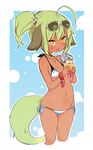  ahoge animal_ears bikini blush cropped_legs dark_skin done_(donezumi) eyewear_on_head food halter_top halterneck ice_cream jewelry light_green_hair lowleg lowleg_bikini navel necklace orange_eyes original side-tie_bikini solo string_bikini sunglasses swimsuit tail titi-chan_(nezumi_inu) white_bikini 