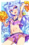  arm_up armpits blue_eyes blue_hair cheerleader clothes_writing copyright_name fang hacka_doll hacka_doll_3 long_hair looking_to_the_side male_focus midriff navel open_mouth otoko_no_ko pom_poms smile solo toraishi_666 