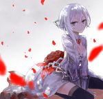  asymmetrical_hair breasts center_opening cleavage dress flower gloves grey_eyes kneeling masunosushi petals rose rose_petals sinoalice small_breasts snow_white_(sinoalice) solo thighhighs white_hair 