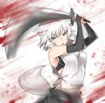  animal_ears armpits arms_up attack bare_shoulders black_bra black_skirt blood bra breasts bridal_gauntlets d: eyebrows_visible_through_hair highres holding holding_sword holding_weapon inubashiri_momiji kz_oji looking_at_viewer medium_breasts motion_blur open_mouth pom_pom_(clothes) red_eyes shirt short_hair side_cutout simple_background skirt sleeveless sleeveless_shirt slit_pupils solo sword tail touhou underwear upper_body v-shaped_eyebrows weapon white_background white_hair white_shirt wolf_ears wolf_tail 