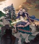  &gt;:( absurdres ahoge armor armored_dress artoria_pendragon_(all) blonde_hair blue_cape blue_ribbon cape closed_mouth commentary_request excalibur fate/stay_night fate_(series) frown full_body fur_trim greaves green_eyes hair_ribbon highres holding holding_sword holding_weapon horse knight looking_at_viewer magician_(china) ribbon riding saber short_hair solo_focus sword v-shaped_eyebrows war weapon 