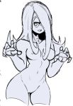  1girl bangs breasts cleft_of_venus cowboy_shot cropped_legs hair_over_one_eye highres little_witch_academia long_hair medium_breasts nipples nude pussy simple_background solo standing sucy_manbavaran teeth uncensored white_background 