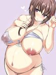  areolae big_belly bikini bikini_lift blush breast_slip breasts brown_hair collarbone commentary_request dark_areolae front-tie_top hagino_chiaki hair_ornament heart heart-shaped_pupils highres hinako_note huge_breasts inverted_nipples lactation lactation_through_clothes large_areolae looking_at_viewer navel nipples parted_lips ponchi pregnant puffy_nipples purple_eyes see-through side-tie_bikini solo sweat swimsuit swimwear symbol-shaped_pupils white_bikini x_hair_ornament 