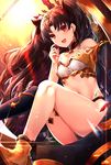  absurdres anklet asymmetrical_legwear asymmetrical_sleeves bare_shoulders black_hair breasts bridal_gauntlets crown earrings elbow_gloves fate/grand_order fate_(series) gloves hair_ribbon heavenly_boat_maanna highres hoop_earrings ishtar_(fate/grand_order) jewelry kaerunoko long_hair long_legs looking_at_viewer medium_breasts navel neck_ring pelvic_curtain red_eyes ribbon single_elbow_glove single_thighhigh sitting star starry_background thighhighs toeless_legwear twintails weapon 