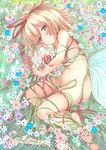  blonde_hair blue_eyes commentary flower grass hair_ribbon highres looking_at_viewer lying medicine_melancholy nude object_hug on_ground on_side red_ribbon ribbon short_hair skeleton sketch skull smile solo touhou yukishiro_arute 