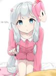  1girl :o all_fours blue_eyes bow eromanga_sensei hair_bow hard_translated highres hoshikuzu_witch_meruru izumi_sagiri long_hair looking_at_viewer mask mask_on_head meruru_(oreimo) pajamas pink_bow revision silver_hair solo stylus suzuharu_(suzuharu0612) translated 