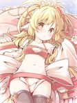  animal_ears bandeau black_legwear blonde_hair blush breasts commentary_request detached_sleeves earrings granblue_fantasy jewelry kibushi long_hair looking_at_viewer lying mahira_(granblue_fantasy) navel on_back pelvic_curtain red_eyes small_breasts solo stomach thighhighs wide_sleeves 