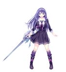  absurdres aqua_eyes banned_artist blue_hair boots dress full_body hairband highres holding holding_sword holding_weapon kneehighs long_hair long_sleeves looking_at_viewer mana_kakkowarai official_art open_mouth solo sword tsukikage_koharu valkyrie_drive valkyrie_drive_-bhikkhuni- weapon 