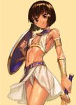  :q assal_(sennen_sensou_aigis) bare_shoulders black_hair breasts brown_eyes covered_nipples dark_skin egyptian_clothes highres holding holding_shield holding_sword holding_weapon kawakami_rokkaku navel sennen_sensou_aigis shield short_hair simple_background small_breasts smile solo sword tongue tongue_out usekh_collar weapon yellow_background 