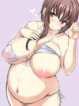  areolae big_belly bikini bikini_lift blush breast_slip breasts brown_hair collarbone commentary_request front-tie_top hagino_chiaki hair_ornament heart heart-shaped_pupils highres hinako_note huge_breasts inverted_nipples lactation lactation_through_clothes large_areolae looking_at_viewer navel nipples parted_lips ponchi pregnant puffy_nipples purple_eyes see-through side-tie_bikini solo sweat swimsuit swimwear symbol-shaped_pupils white_bikini x_hair_ornament 