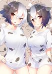  2girls animal_ears animal_print arare_mochiko ass_visible_through_thighs black_hair breasts brown_eyes contrapposto cow_ears cow_print cowboy_shot hair_between_eyes highres horns large_breasts looking_at_viewer multicolored_hair multiple_girls original panties shirt short_hair t-shirt tareme tsurime two-tone_hair underwear white_hair white_panties 