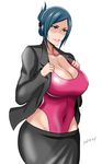  blue_hair breasts brown_eyes cleavage copyright_request covered_navel highleg hips large_breasts leotard open_clothes red_leotard shibusun short_hair signature simple_background smile solo white_background wide_hips 
