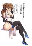  alternate_costume bangs bare_shoulders beatrix_(granblue_fantasy) black_gloves black_legwear blush breasts brown_eyes brown_hair china_dress chinese_clothes cleavage cleavage_cutout commentary covered_nipples crossed_legs dress elbow_gloves eyebrows_visible_through_hair eyelashes garter_straps gloves granblue_fantasy hanauna high_heels highres large_breasts long_hair looking_at_viewer open_mouth pelvic_curtain ponytail side_slit simple_background sitting smile solo thighhighs translated white_background 