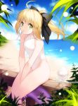  1girl ahoge artist_name artoria_pendragon_(all) beach black_bow blonde_hair blue_sky bow cloud cowboy_shot day fate/unlimited_codes fate_(series) glass green_eyes hair_bow highleg highleg_swimsuit innertube looking_at_viewer mouth_hold outdoors ponytail railing saber_lily shaved_ice sitting sky solo swimsuit turtleneck vilor white_swimsuit 
