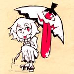  bangs geta heterochromia holding holding_umbrella karakasa_obake long_skirt monochrome pink_eyes setz short_hair simple_background single_eye sketch skirt solo spot_color squatting tatara_kogasa tongue tongue_out touhou umbrella 