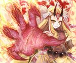  bad_id bad_pixiv_id blonde_hair earrings fate/grand_order fate_(series) fire horns ibaraki_douji_(fate/grand_order) japanese_clothes jewelry kimono long_hair looking_at_viewer oni pointy_ears puma_(hyuma1219) smile solo yellow_kimono 