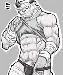  abs akuann anthro bovine cattle clothed clothing grey_background looking_at_viewer male mammal monochrome muscular pecs penis simple_background solo tales_of_rebirth tohma underwear undressing video_games 