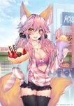  animal_ears artist_name bangs black_legwear black_shorts blush bra breasts building chocolate city cleavage cloud collarbone cowboy_shot crepe day eyebrows_visible_through_hair fate/extra fate/extra_ccc fate_(series) food fox_ears fox_tail frills fruit hair_between_eyes hair_flaps highres ice_cream jacket jewelry large_breasts long_hair long_sleeves looking_at_viewer md5_mismatch necklace obiwan open_clothes open_jacket open_mouth orange_eyes outdoors pink_hair pink_jacket short_shorts shorts sky solo_focus strawberry striped striped_jacket tail tamamo_(fate)_(all) tamamo_no_mae_(fate) thighhighs thighs twitter_username underwear wafer_stick white_bra 