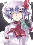  1girl brooch condom_wrapper frills hat looking_at_viewer ninonini open_mouth red_eyes remilia_scarlet short_hair simple_background solo teeth touhou upper_body white_background 