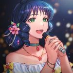  :d aqua_choker bare_shoulders blue_hair blurry blurry_background bow bracelet brk choker choujikuu_yousai_macross collarbone dark_background dress female flower green_eyes hair_flower hair_ornament hands_up happy highres holding holding_microphone jewelry looking_at_viewer lynn_minmay macross macross:_do_you_remember_love? medium_hair microphone music neck necklace off-shoulder_dress off_shoulder open_mouth pink_flower round_teeth short_hair singing smile solo teeth upper_body upper_teeth white_dress yellow_bow 