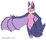  2017 anthro bat breasts browniecomicwriter featureless_breasts featureless_crotch female fur hair mammal membranous_wings navel nude pink_fur pink_nose purple_fur signature simple_background smile solo white_background white_hair wings yellow_eyes 
