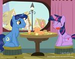  2017 blue_hair building cutie_mark detailed_background duo eating equine female feral friendship_is_magic hair hi_res horn house inside magic male mammal multicolored_hair my_little_pony night_light_(mlp) shutterflyeqd sitting sky table twilight_sparkle_(mlp) two_tone_hair unicorn window winged_unicorn wings 