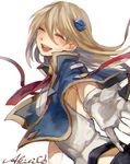  akilico blazblue blazblue:_calamity_trigger blazblue:_central_fiction blazblue:_chronophantasma blazblue:_continuum_shift blonde_hair closed_eyes gloves hair_ornament jacket long_hair noel_vermillion signature simple_background smile solo white_background 