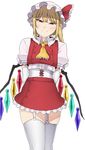  1girl blonde_hair cowboy_shot flandre_scarlet frills garter_straps gloves hat long_gloves looking_at_viewer ninonini pointy_ears puffy_sleeves red_eyes simple_background skindentation smile solo thighhighs touhou white_background wings 