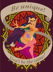  2016 anthro anthrofied belly_dancer breasts butt cleavage clothed clothing cutie_mark equine female friendship_is_magic gold_(metal) hair harem_outfit hi_res horn jrvanesbroek looking_at_viewer mammal my_little_pony piercing purple_eyes purple_hair saffron_masala_(mlp) solo translucent transparent_clothing unicorn 
