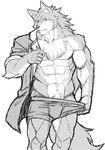  abs akuann anthro blush canine clothed clothing looking_at_viewer male mammal monochrome muscular pecs simple_background solo underwear undressing white_background wolf 