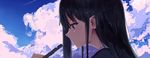  bangs black_hair blue_eyes closed_mouth commentary eyebrows_visible_through_hair from_side holding long_hair original profile school_uniform solo stylus tr_(hareru) upper_body 