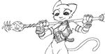  2017 akunim anthro belt bottomless breasts breath_of_fire cleavage clothed clothing cosplay digital_media_(artwork) feline female fingerless_gloves food fruit gloves katia_managan mammal pineapple pose prequel simple_background sketch solo staff the_elder_scrolls video_games white_background 
